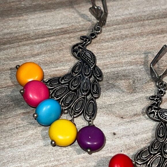 Peacock earrings woman’s 3” dangling multi colored animal bohemian  SilverTone - Picture 2 of 6